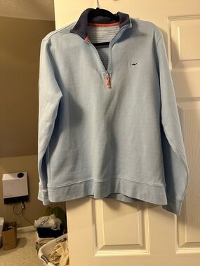 Vineyard Vines Pale Blue Quarter-Zip Pullover with Navy Collar and Coral Accents